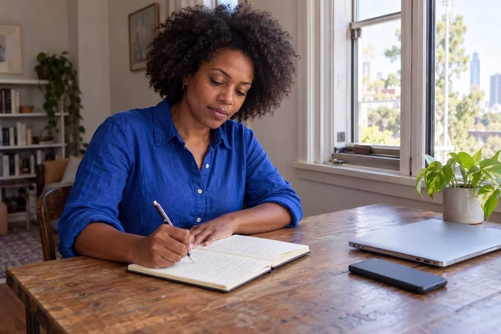 A woman journals at a wooden desk beside a closed laptop, reflecting on digital habits and parasocial relationships