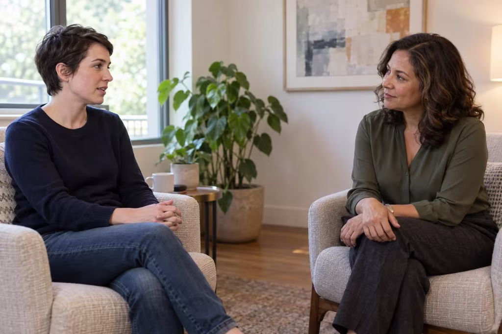 A client and therapist sit across from each other in a calm office, talking through parasocial patterns and real relationships
