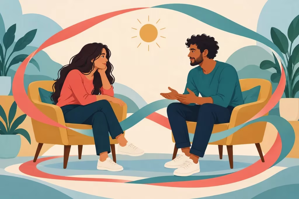 An illustration of two people talking in armchairs, ribbons of feeling between them, the emotional bond that comes before demisexual attraction