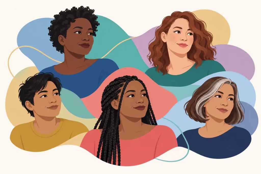 An illustration of five people with different faces and ages, a picture of how demisexual attraction is one experience among many