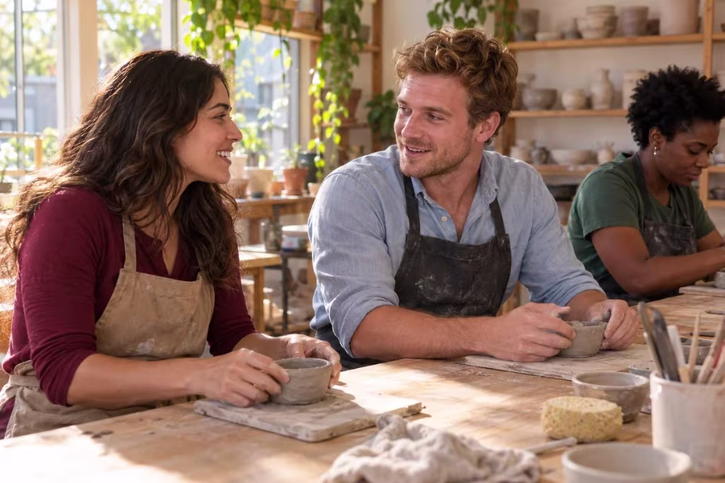 People talk and smile while shaping clay in a pottery studio, dating through a shared interest instead of a quick photo swipe