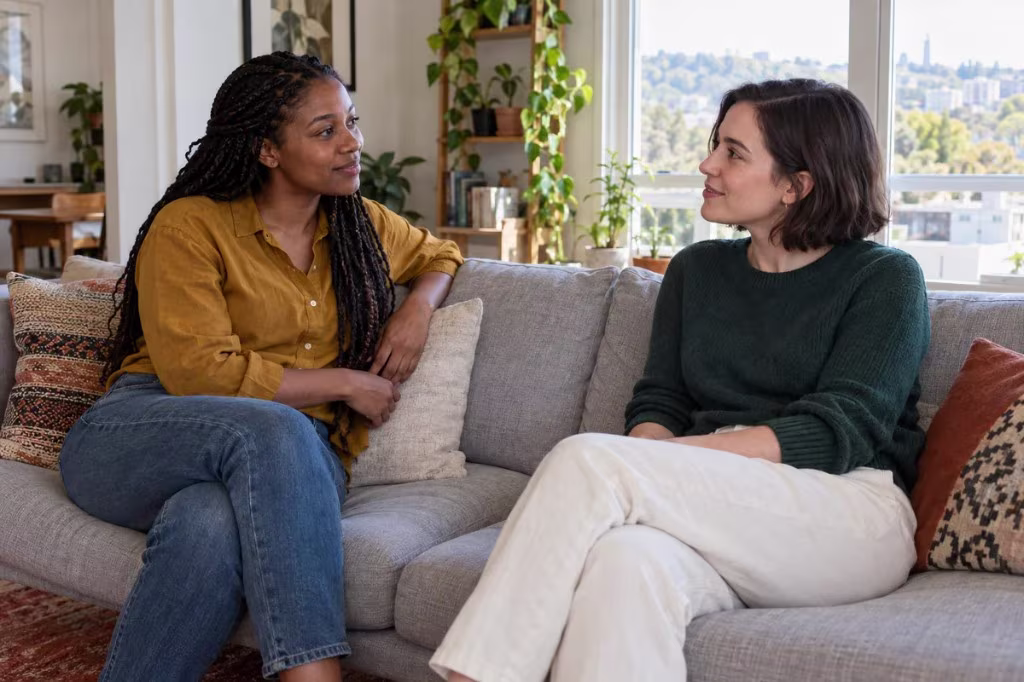 Two women sit on a couch and talk, a supportive partner conversation about pacing and demisexual attraction