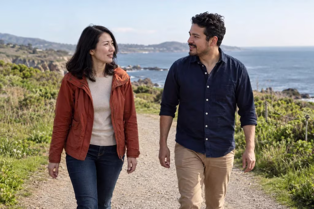 A couple walks a coastal path at an easy pace, respecting a slower timeline for physical intimacy