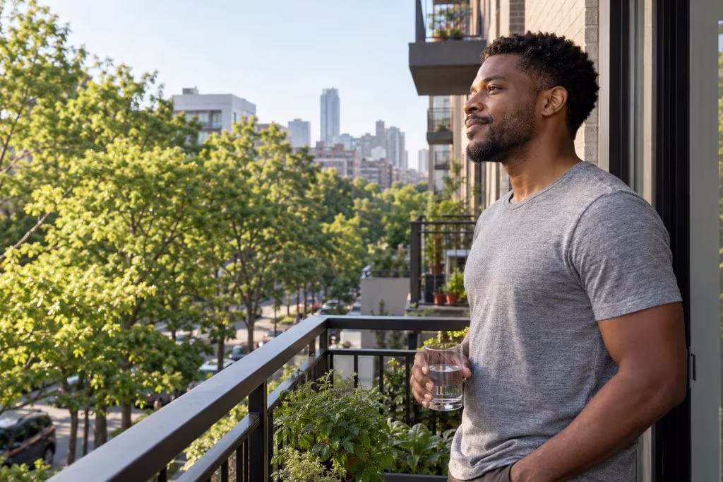 Man on an apartment balcony holding a glass of water and looking out at trees and the city in the morning