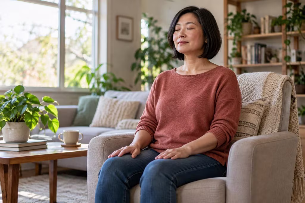 Woman in a rust sweater sitting in an armchair with her eyes closed and her hands resting on her knees