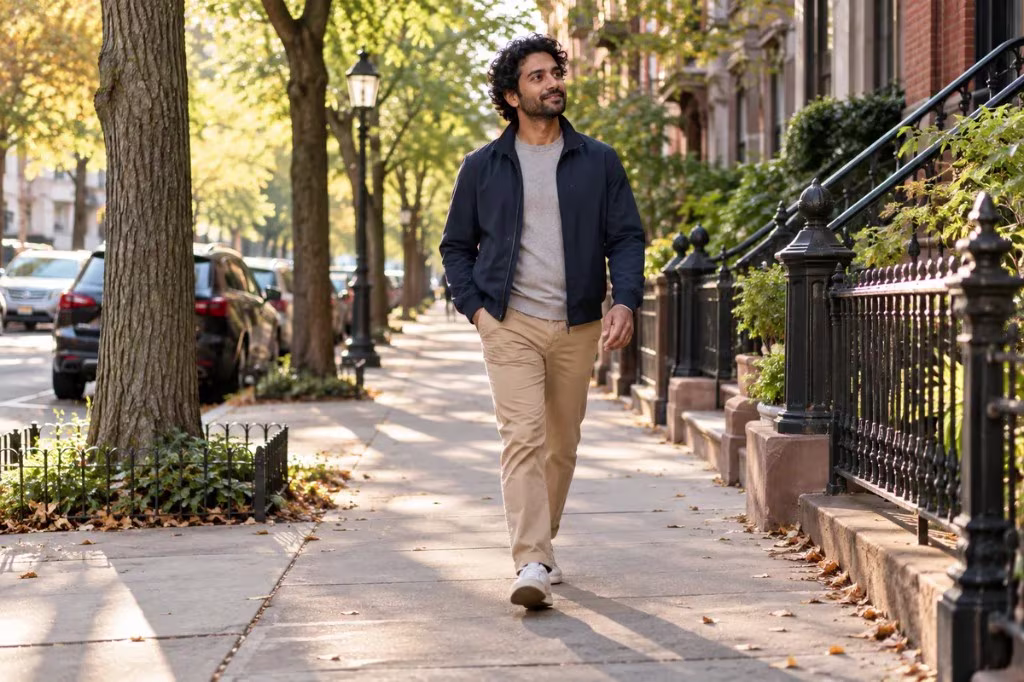 Man walking along a tree-lined city sidewalk in a navy jacket and khakis on a sunny day