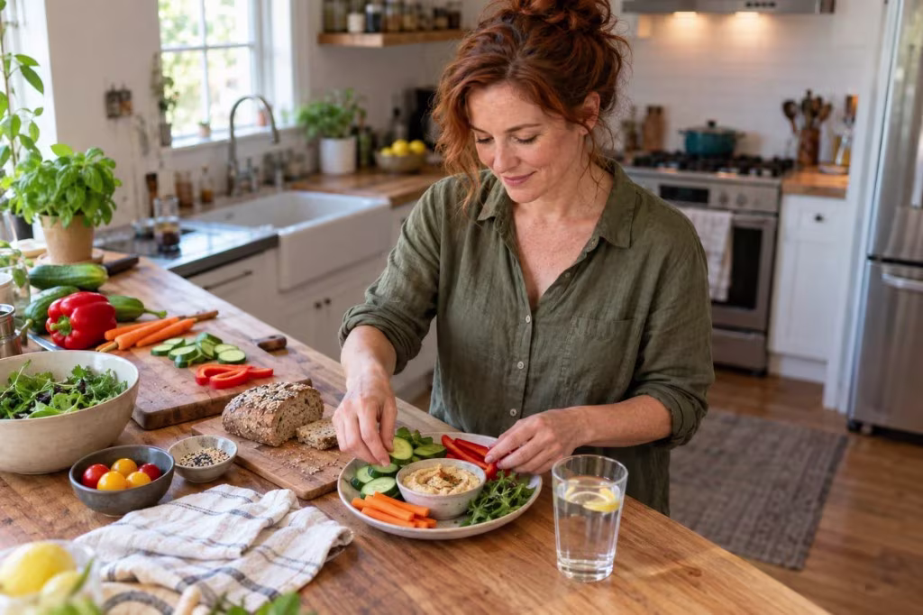 Woman in a kitchen arranging cucumber, carrots, and peppers on a plate with hummus, next to a glass of water