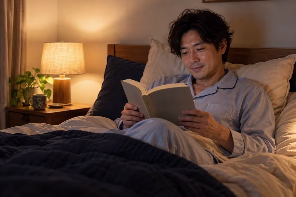 Man in bed at night reading a book by a warm lamp, with a mug on the nightstand
