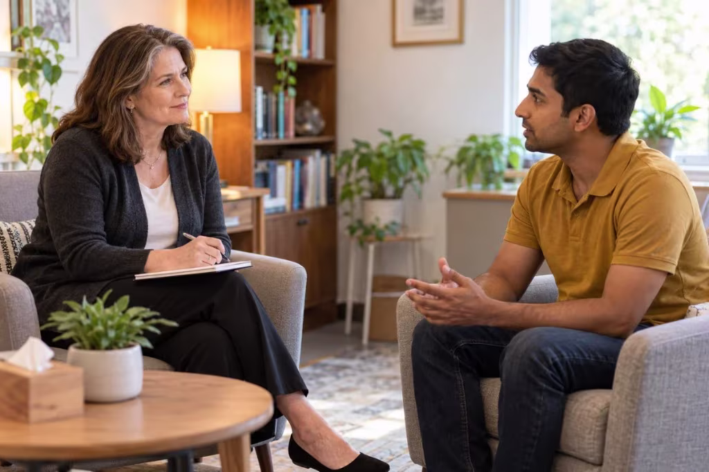 Therapist with a notebook listens as a client in a mustard polo talks during a session in a plant-filled office