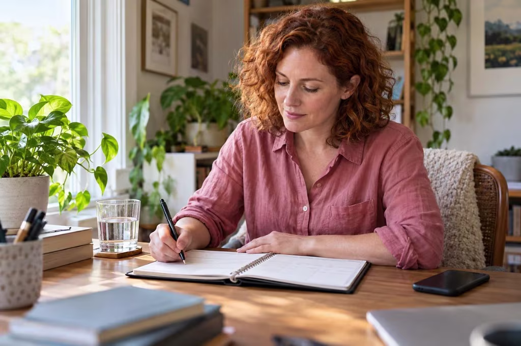 Woman with curly red hair writing in a planner at a wooden desk beside a glass of water and a phone