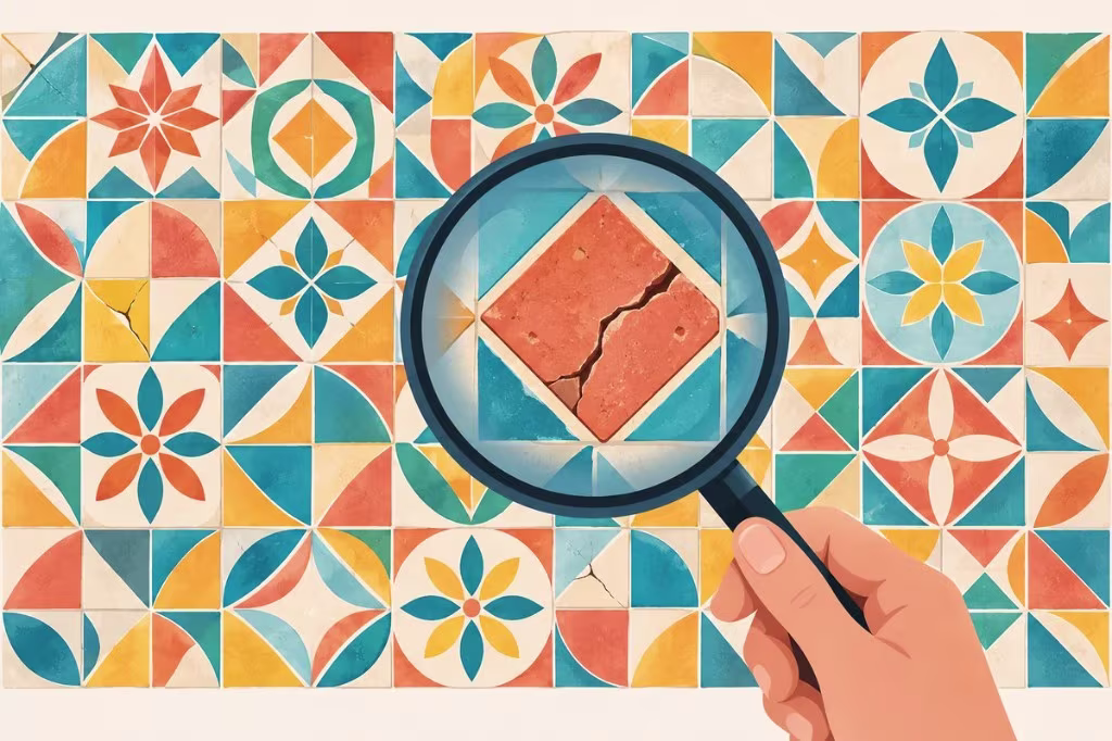 Illustration of a magnifying glass over a colorful tile pattern, enlarging one cracked tile while the surrounding tiles stay intact