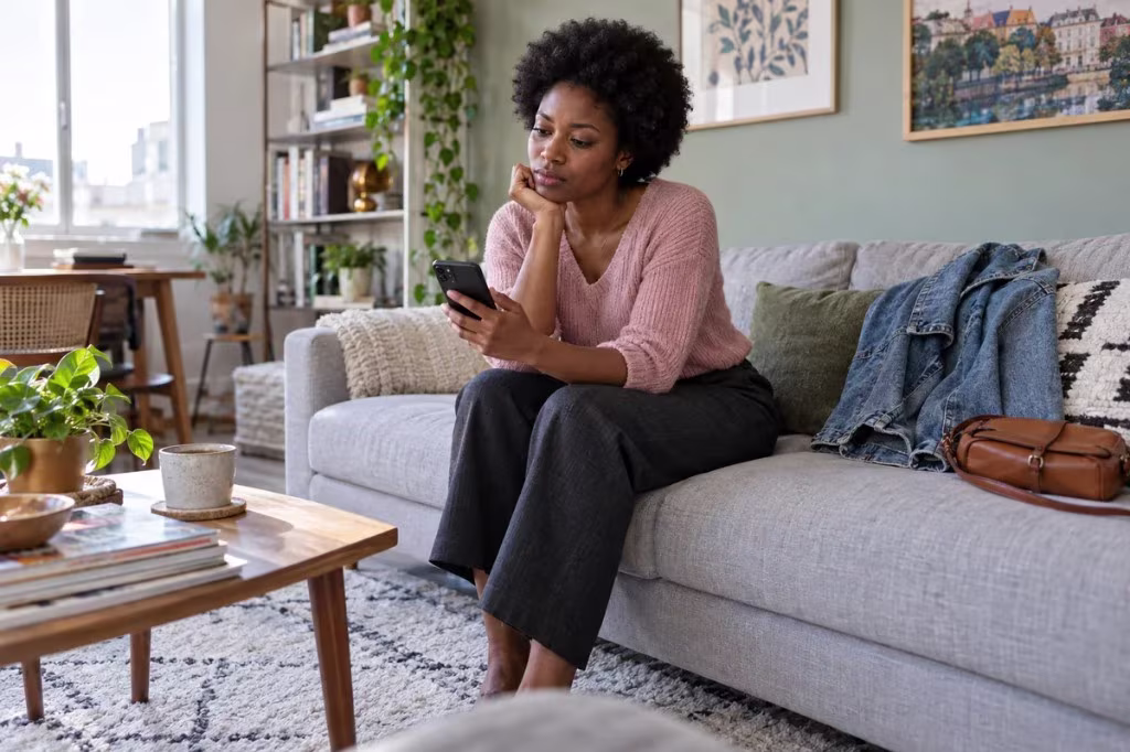 A woman sits on a living room sofa, looking at her phone with her chin in her hand, hesitating over a message