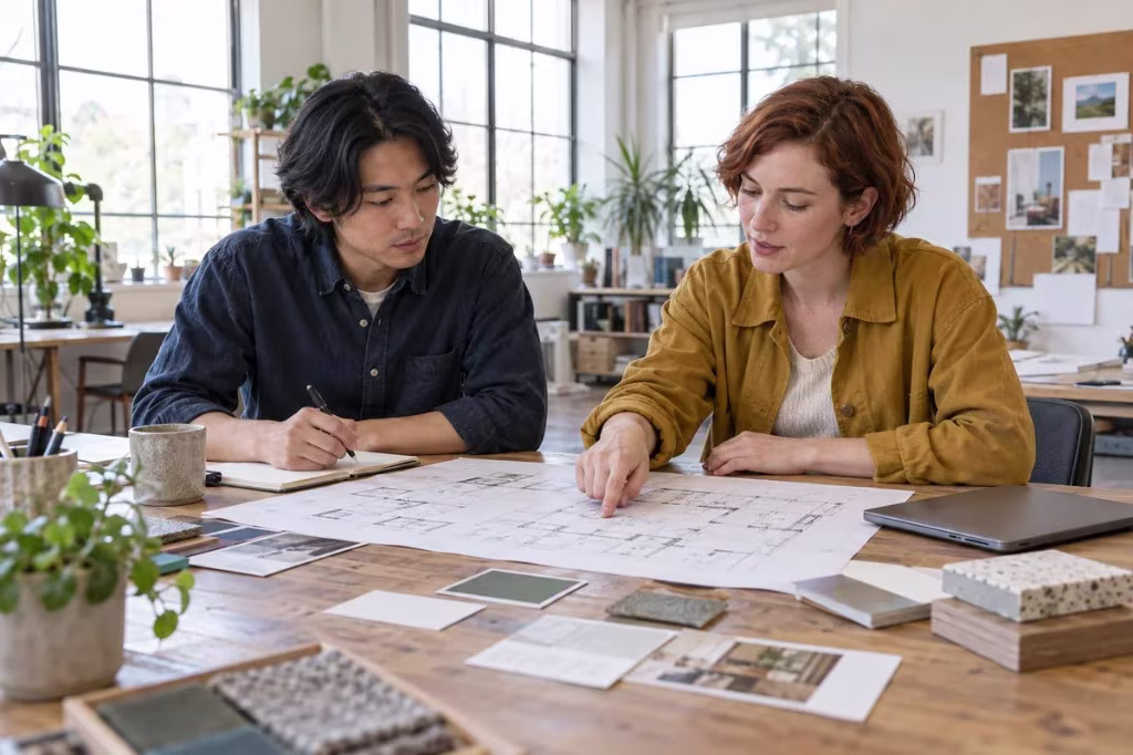 Two colleagues lean over architectural drawings at a wooden table, one pointing at the plan while the other takes notes