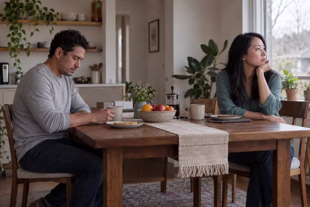 A couple sits at opposite ends of a breakfast table, one looking down at a mug and the other gazing out the window