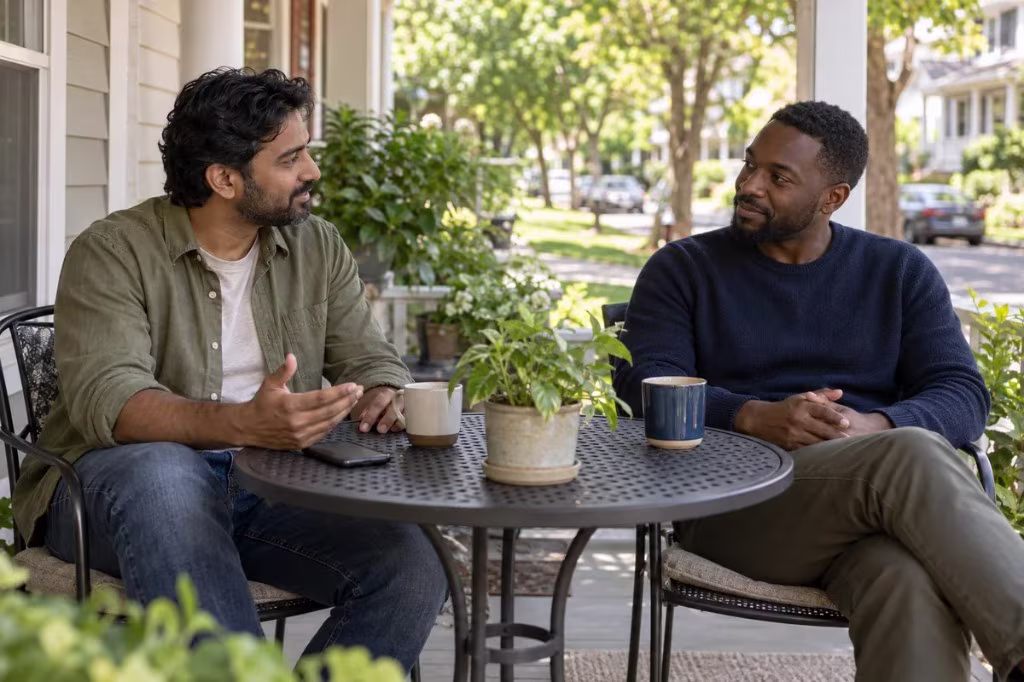 Two men sit at a small table on a front porch, talking over coffee, one gesturing while the other listens