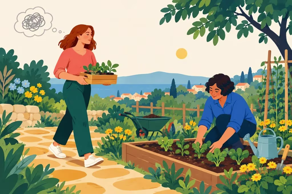 Illustration of one woman carrying seedlings with a tangled thought bubble, while another kneels in a garden bed planting greens