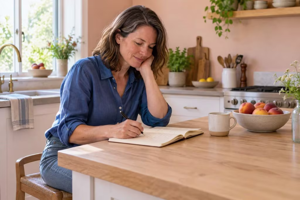 A woman sits at a kitchen island writing in an open journal, one hand at her cheek, with fruit and a mug beside the notebook