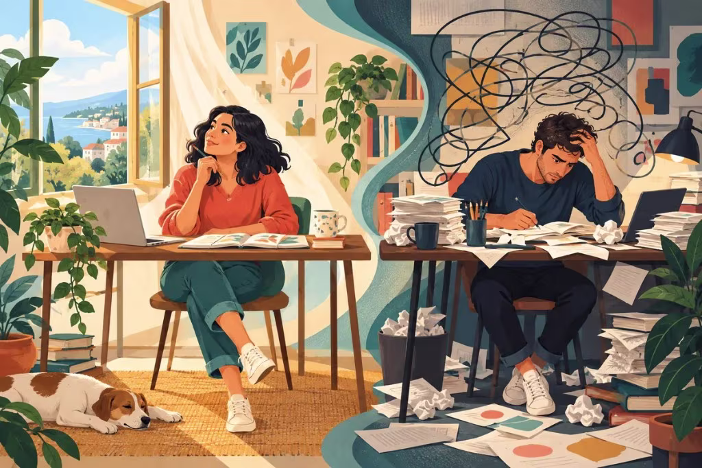 Split illustration of a calm woman working at a bright desk with a sleeping dog, beside a man at a cluttered desk with papers on the floor and a scribble over his head