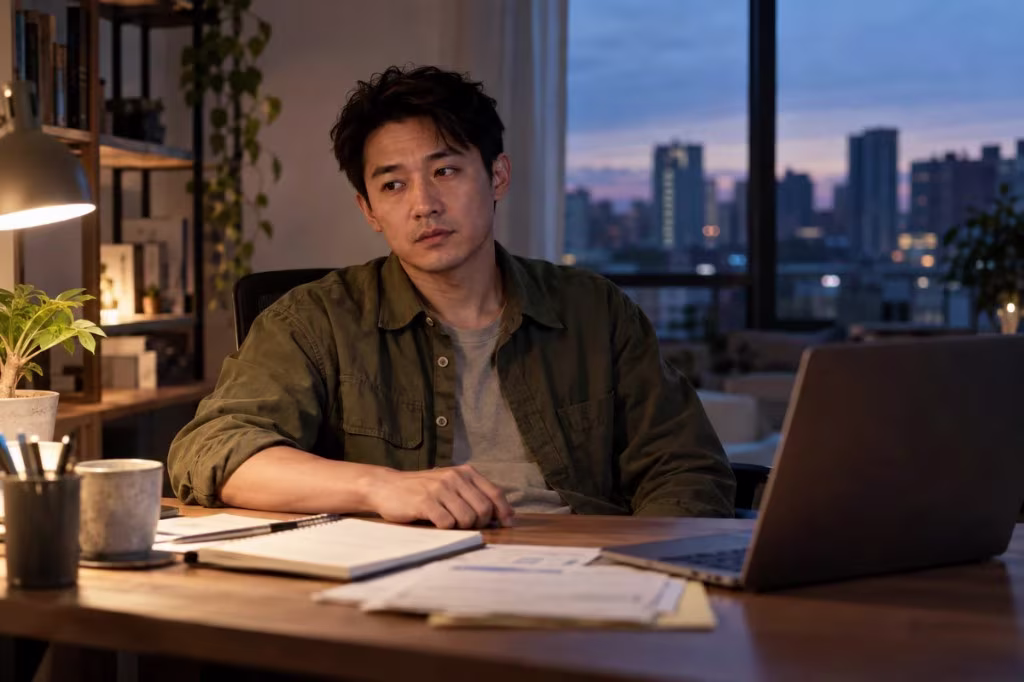 A man in a green shirt sits at a laptop late at night, city lights behind him, with notebooks and papers spread across the desk