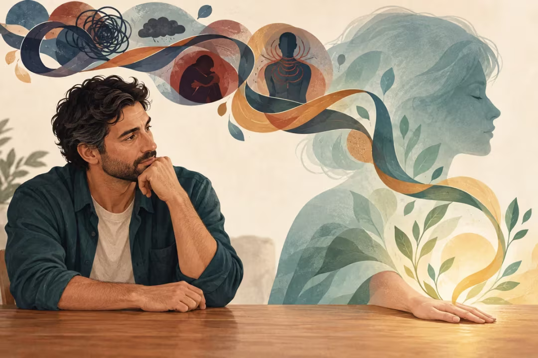 An adult observes a looping ribbon representing thoughts, emotions, and habitual responses that coercive control can reinforce.