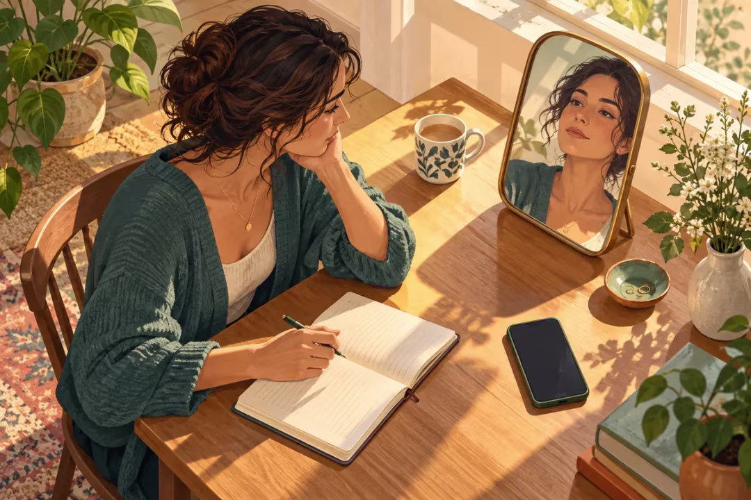 A woman reflects with a journal and mirror while recognizing patterns of coercive control in her relationship.