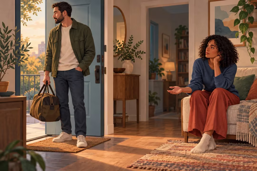 Two adults pause at a doorway, illustrating withdrawal and the wish to reconnect after a breakup.