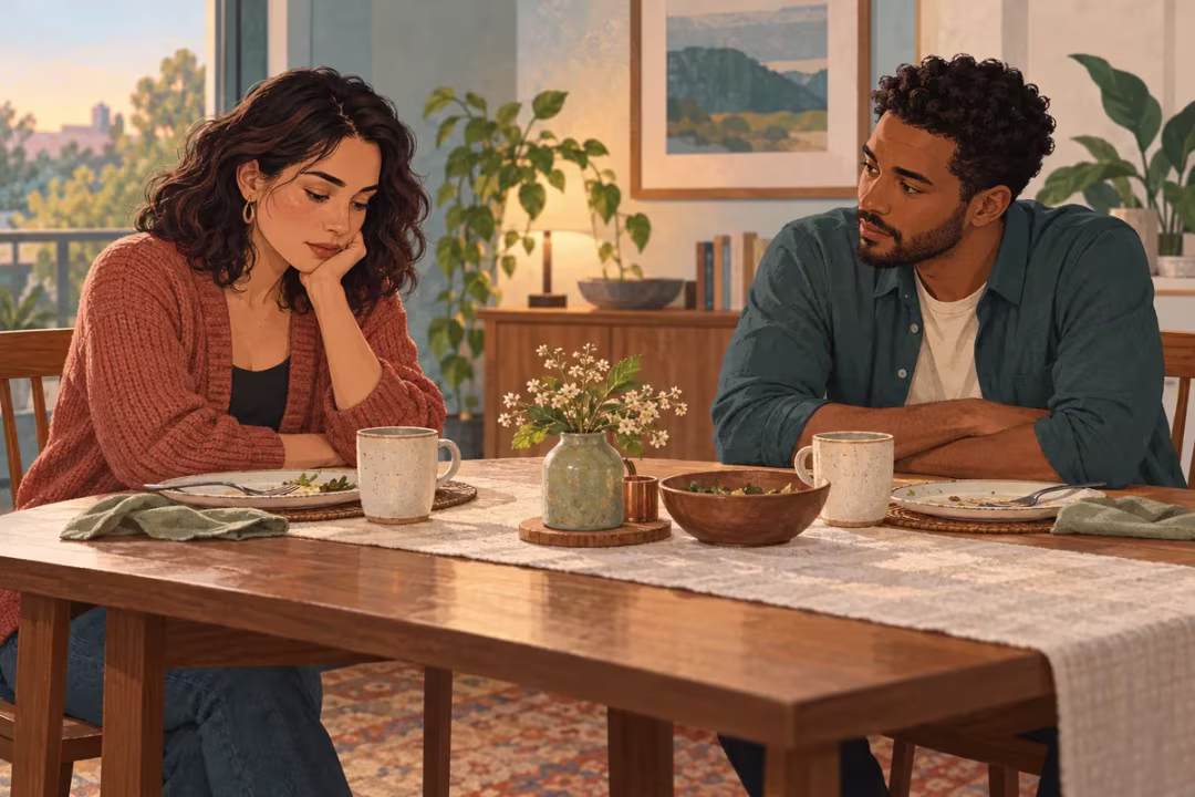 A couple sits quietly at a table, illustrating the emotional distance avoidance can create in a relationship.