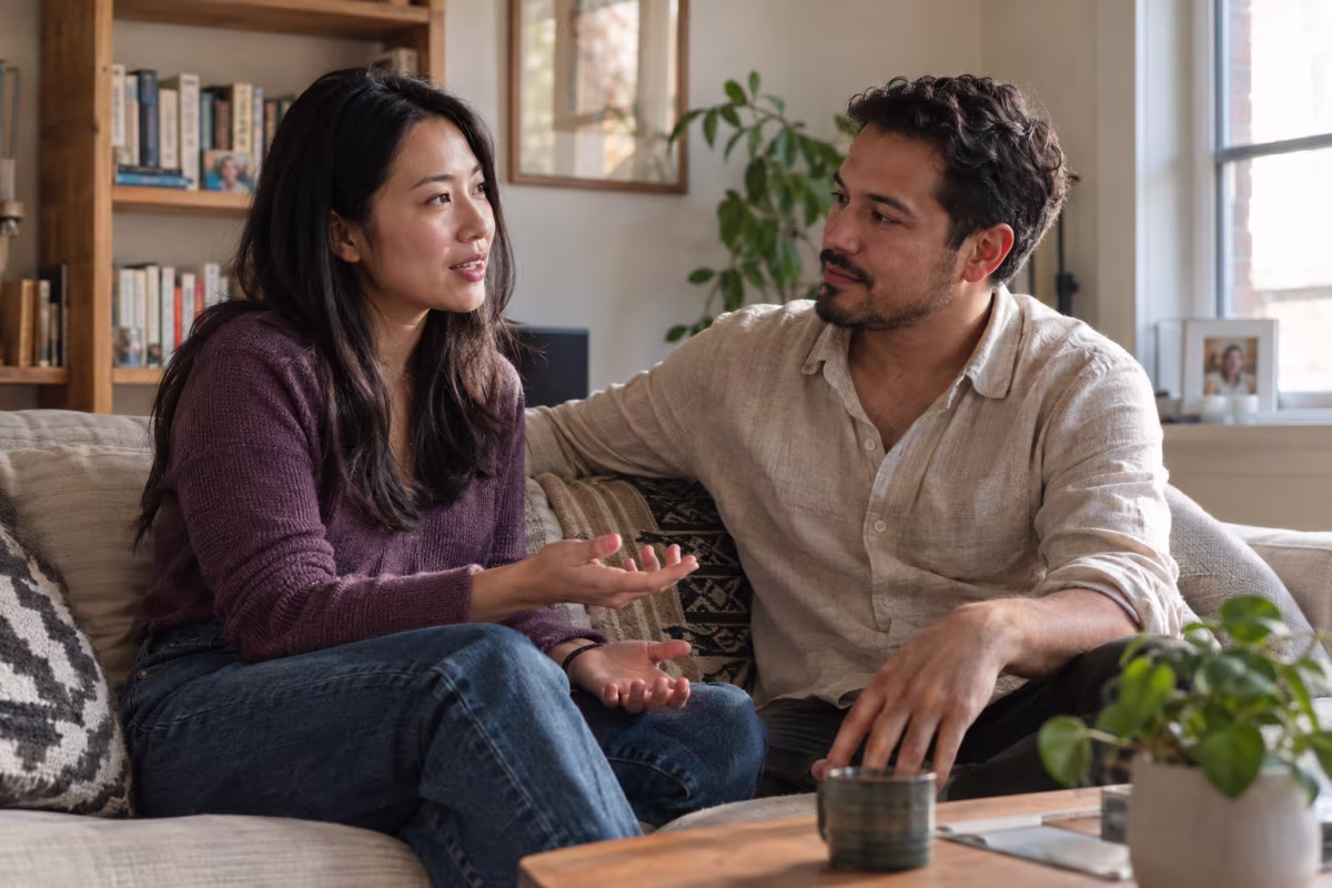 A woman in a purple sweater and a man in a linen shirt sit on a living-room sofa talking, with coffee and plants on the table.