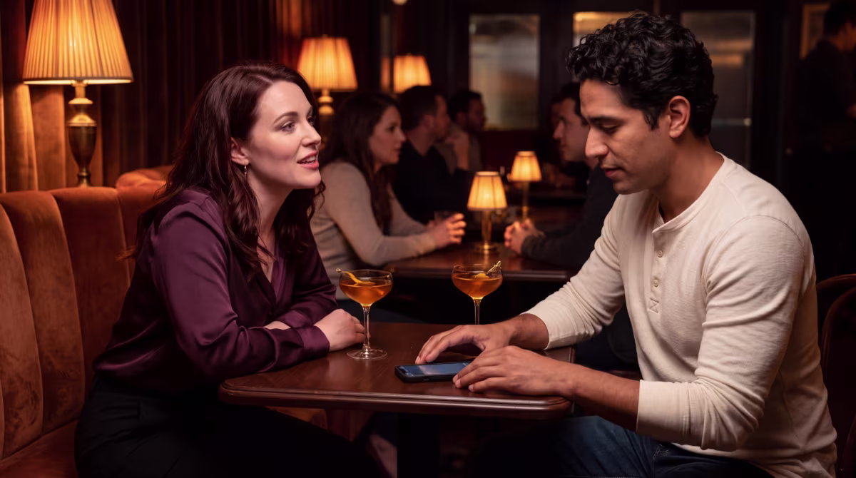 A couple on an evening date at a cocktail bar, one leaning in and engaged while the other glances down at his phone.