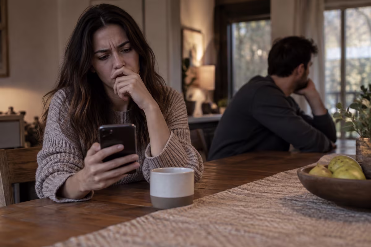 A woman looks at her phone at a table while a man sits turned away in the background.