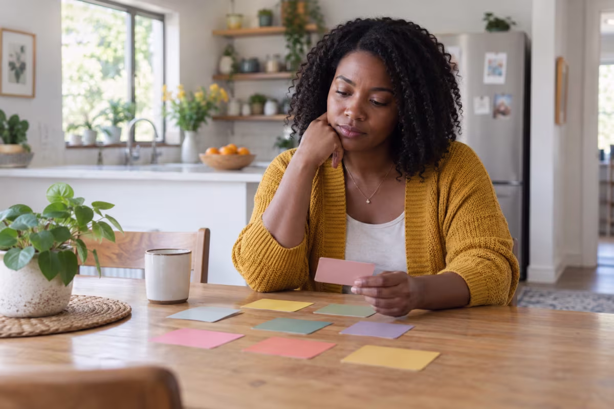 A woman sits at a kitchen table looking at colored cards, one hand on her chin.