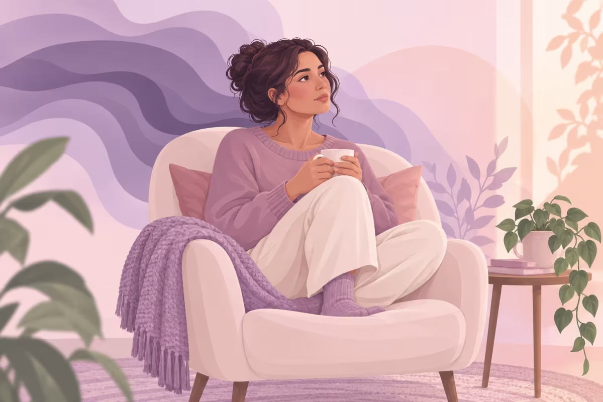A woman sits in a cream armchair with a mug, looking upward in a calm lavender room.