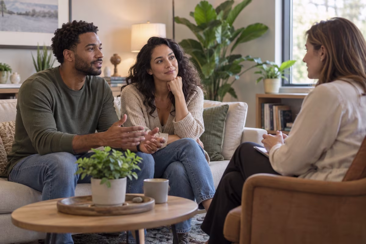 A couple sits on a sofa talking with a therapist in a bright office.