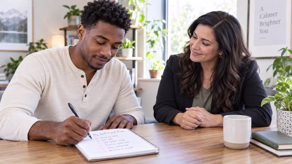 A man writes a self-care plan in a notebook while a therapist sits beside him in a bright office.