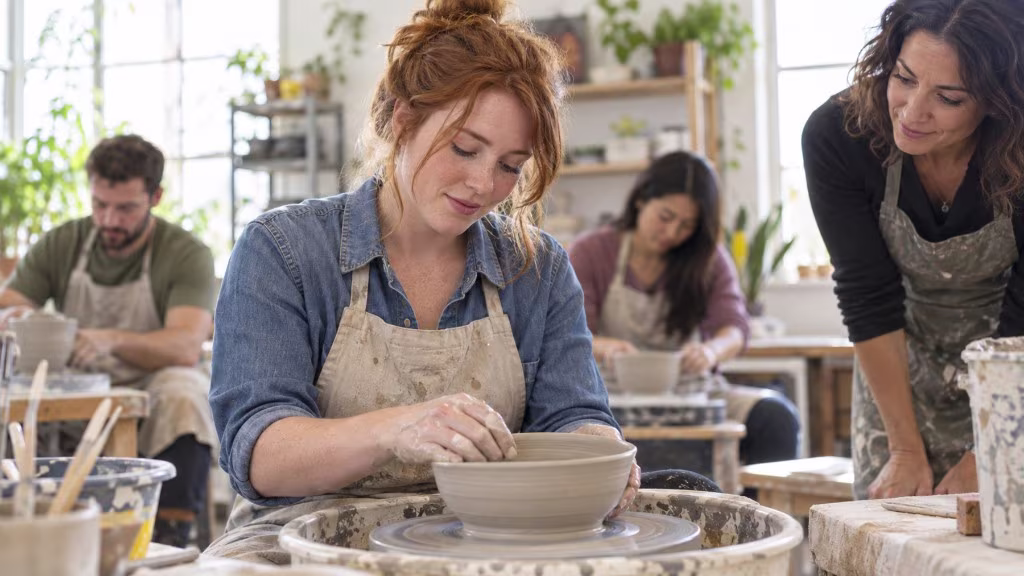 A woman throws a clay bowl on a pottery wheel while an instructor looks on, trying a new hobby to work through boredom.