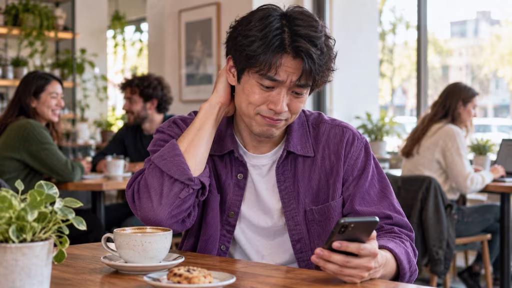 A man at a cafe stares at his phone with his hand on his neck, flushed after seeing something embarrassing online.
