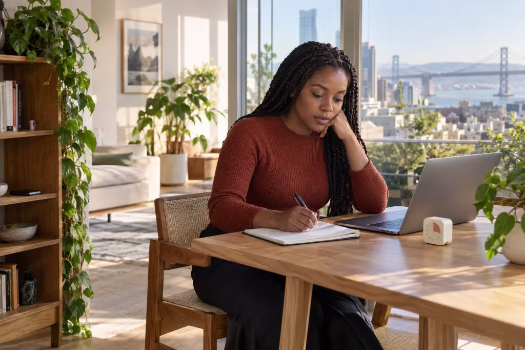 Working with sustained attention at a home desk: one notebook, one task, and a visual timer running
