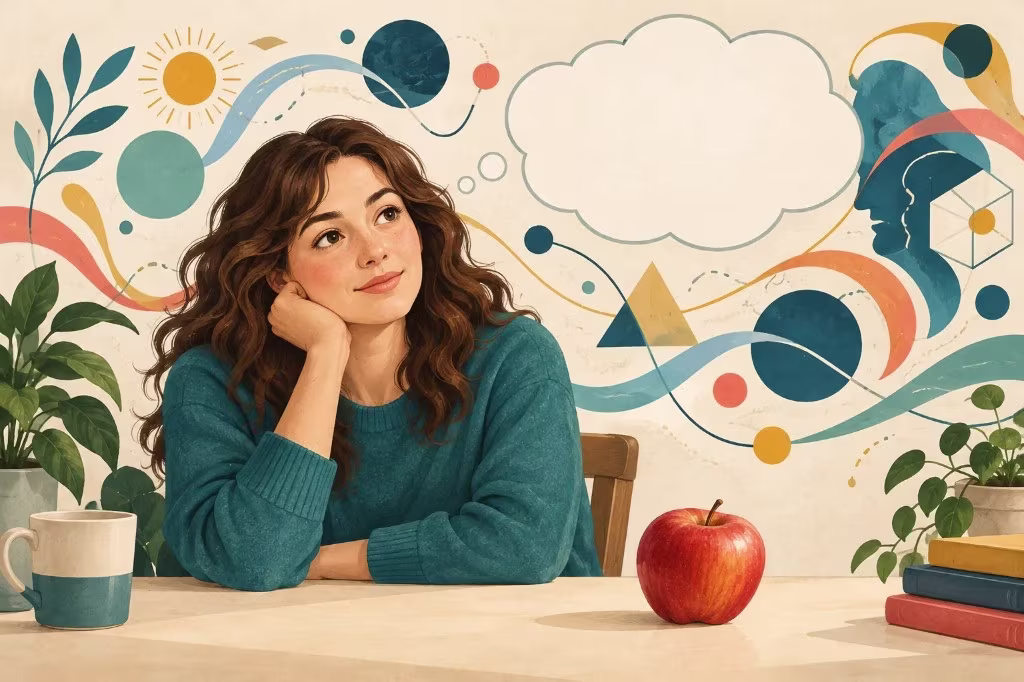 A woman thinking with an empty thought bubble and a red apple on the table, illustrating aphantasia and life without a mind's eye