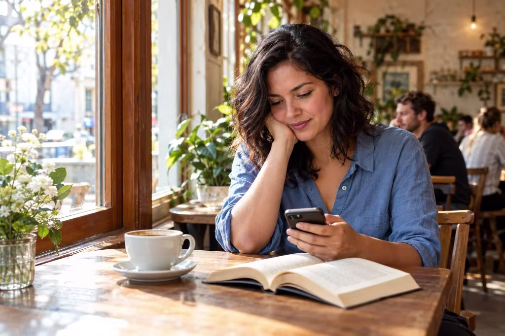 A woman sits in a cafe with a book and coffee, looking at her phone.