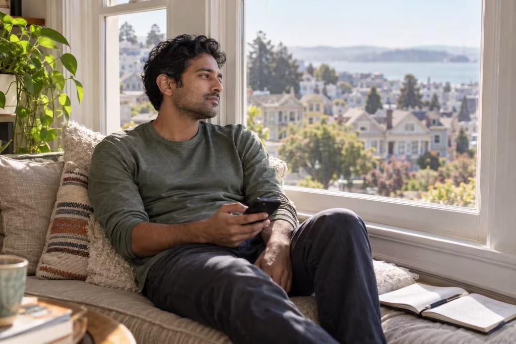 A man sits by a window with a phone, looking out over houses and the bay.