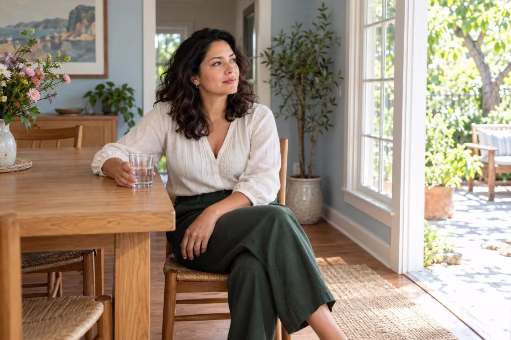 Perimenopause symptoms: a woman sits with a glass of water, quiet in the middle of an ordinary day.