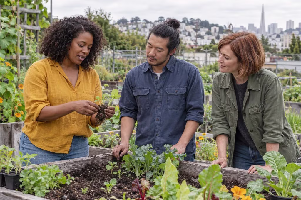 Humility in relationships: three neighbors tend a community garden with the San Francisco skyline behind them.