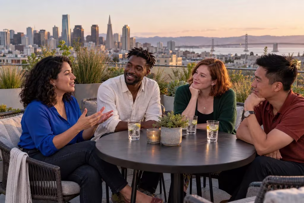 Questions to get to know someone: four friends talk on a San Francisco rooftop at sunset.