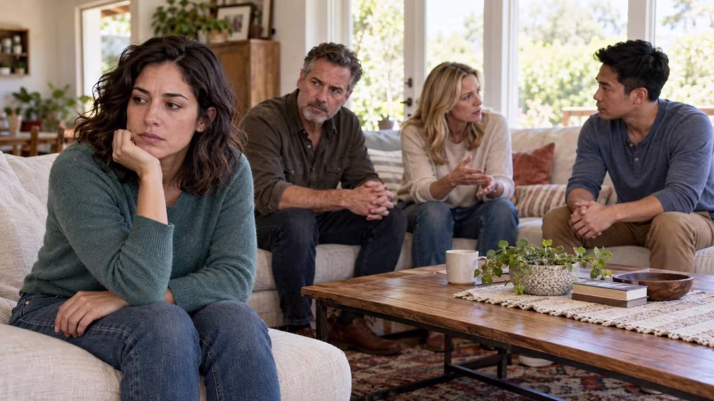 The family scapegoat: a woman sits apart on a couch while three relatives talk together behind her.