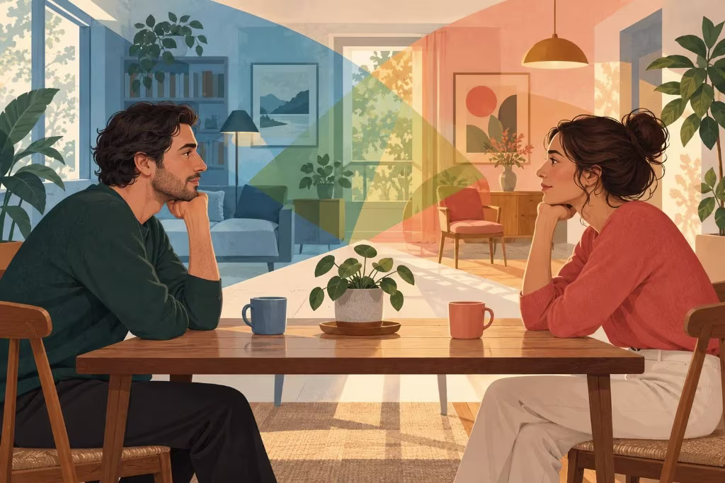 Perception in a relationship: a couple sits across a table as overlapping colors fill the room between them.