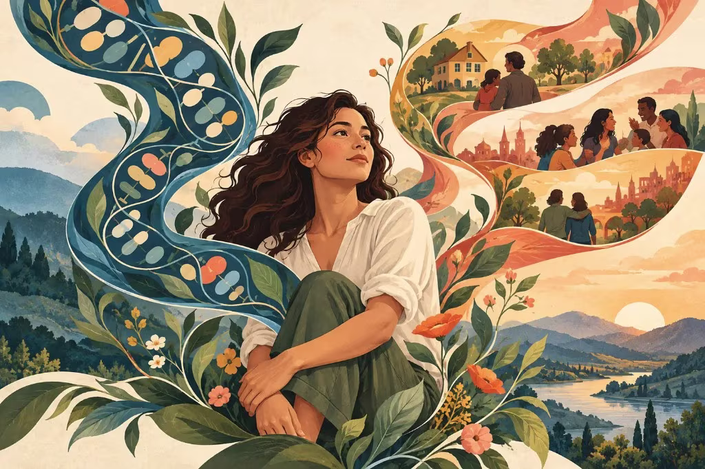 Nature vs nurture illustration: a woman sits in a landscape between a DNA-like ribbon of leaves and scenes of home, family, and a city at sunset