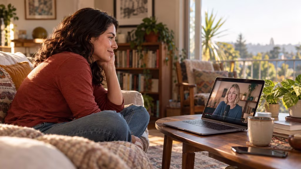 A woman on a couch watches a creator speak on a laptop, the feeling of a parasocial relationship that seems like a real conversation