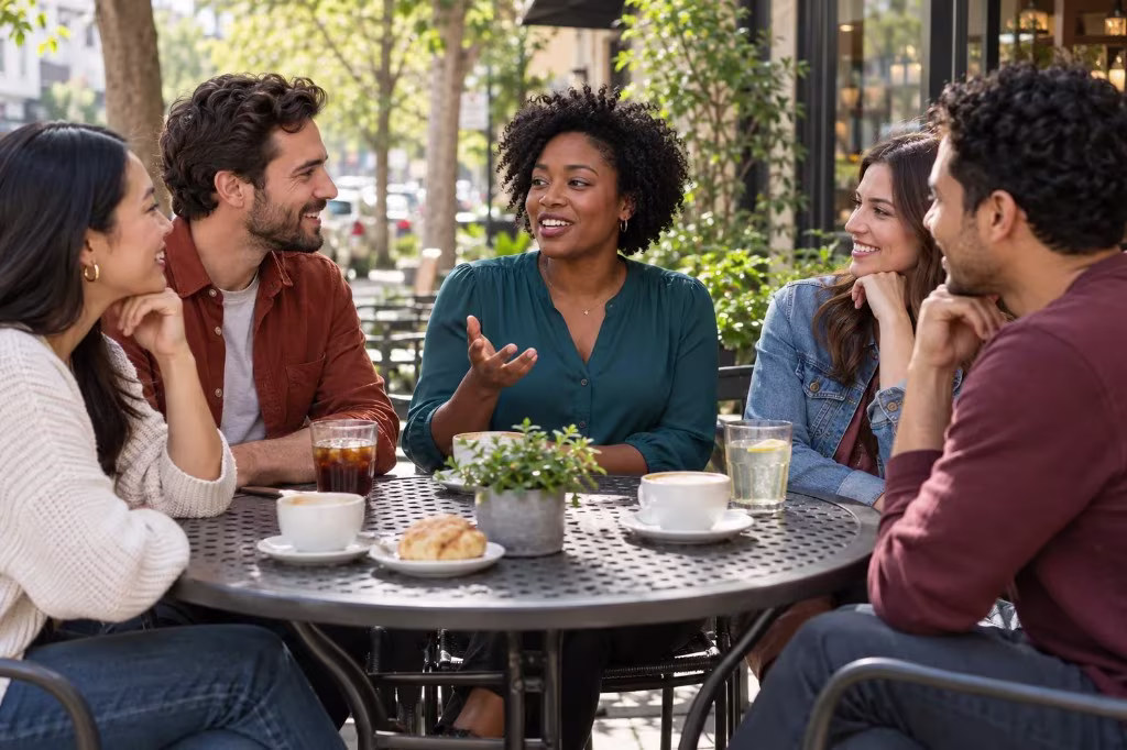 Five friends at an outdoor cafe table, talking over coffee while one woman gestures and the others listen