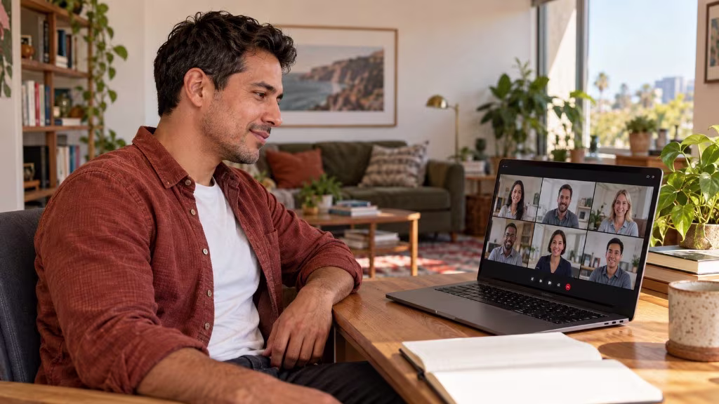 A man in a rust shirt sits at a wooden desk on a video call, six people on the laptop screen, an open notebook in front of him