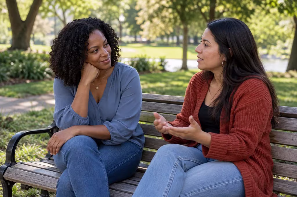 Two women sit on a park bench in a park, one in a blue blouse with her chin on her hand, the other in a rust cardigan talking with open hands